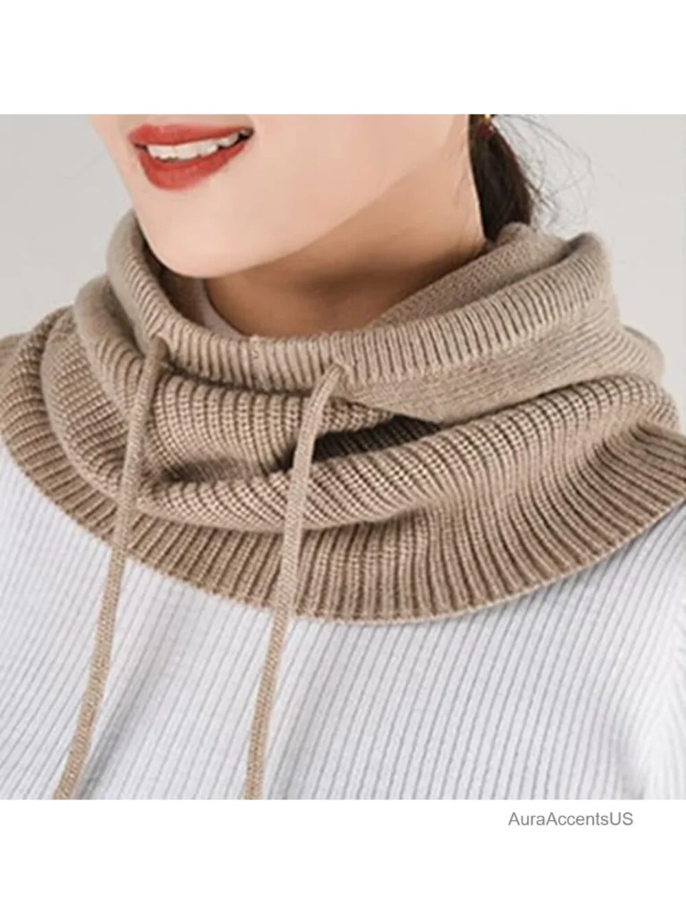 2-in-1 Hooded Scarf Knit Beanie Balaclava Neck Warmer Winter Outdoor